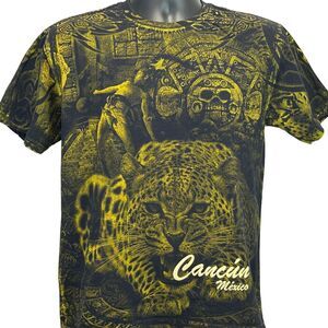 Cancun Mexico T Shirt Mens M Medium Black Mayan Jaguar All Over Print AOP Tee